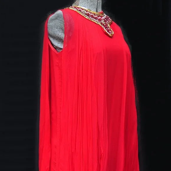 VTG 60's 70's Red Chiffon Trapeze A-Line Dress Beaded Neckline XS/S Twiggy Style - Picture 8 of 11